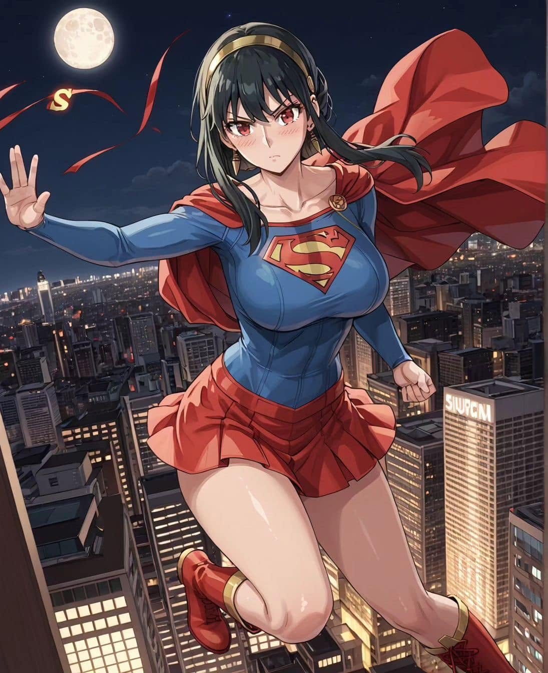 SGI mascot, a black-haired caped superhero flying over a city at night
